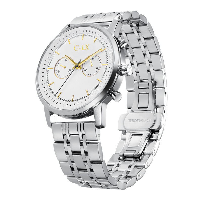 mens watch silver stainless steel with white dial and gold markers