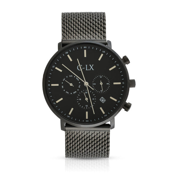 42mm black watch with 22mm mesh band. Scratch resistant glass, 3 sub dial chronograph function