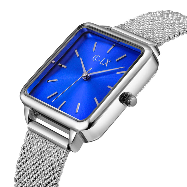 square face ladies watch features blue face and silver mesh band