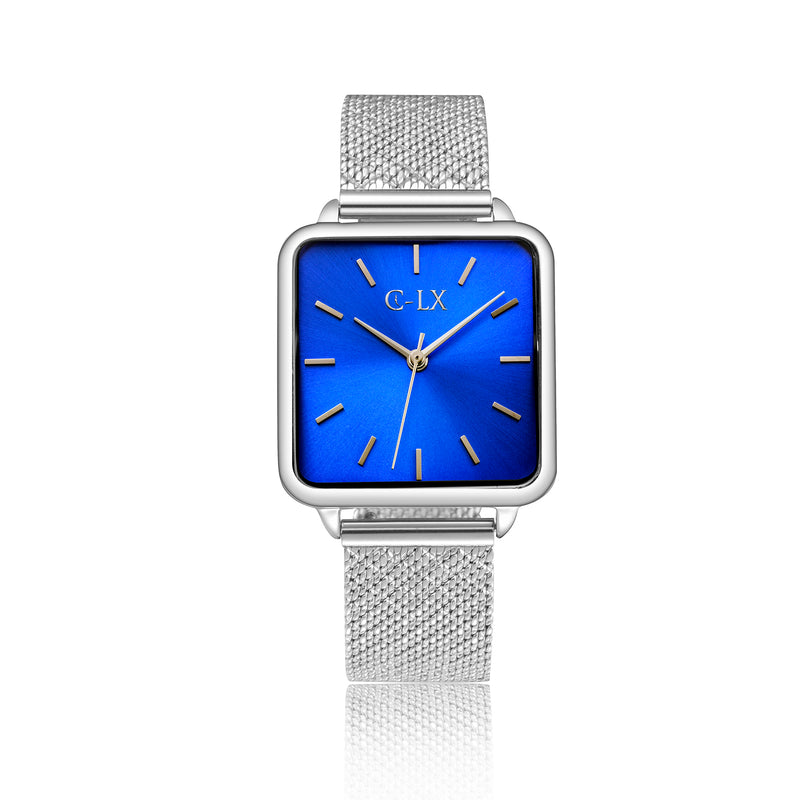 petite ladies square watch. blue face with mesh band, stainless steel