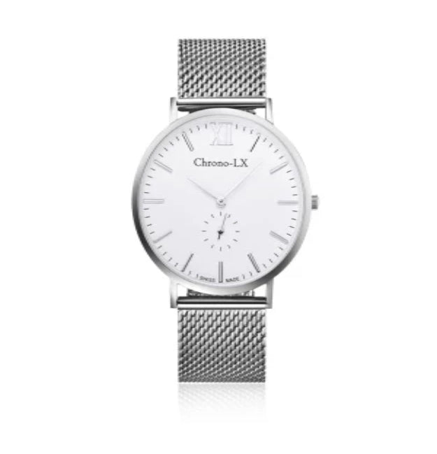 40mm stainless steel unisex watch with mesh band. swiss movement